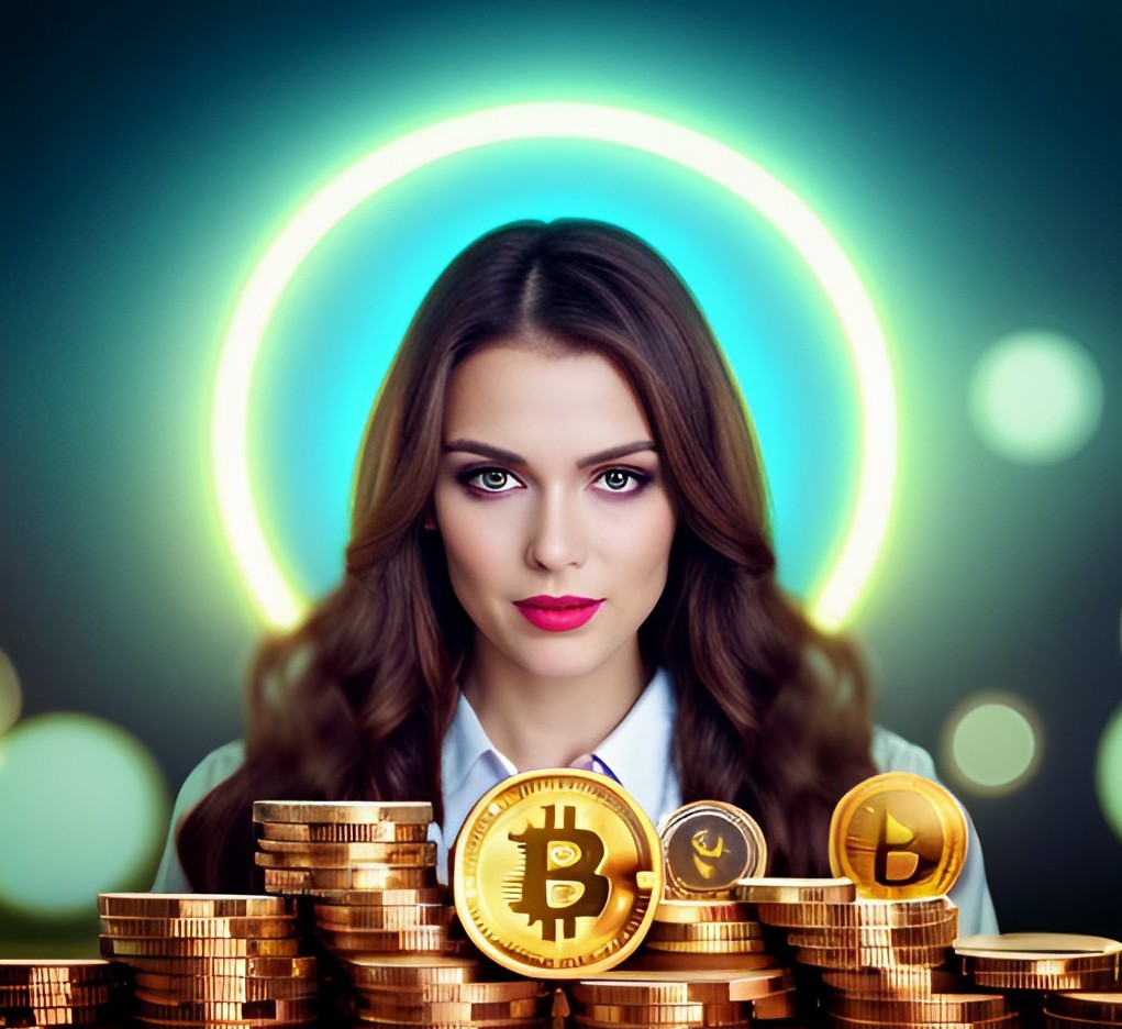 A beautiful girl is thinking while depicted cryptocurrency is in front of her.